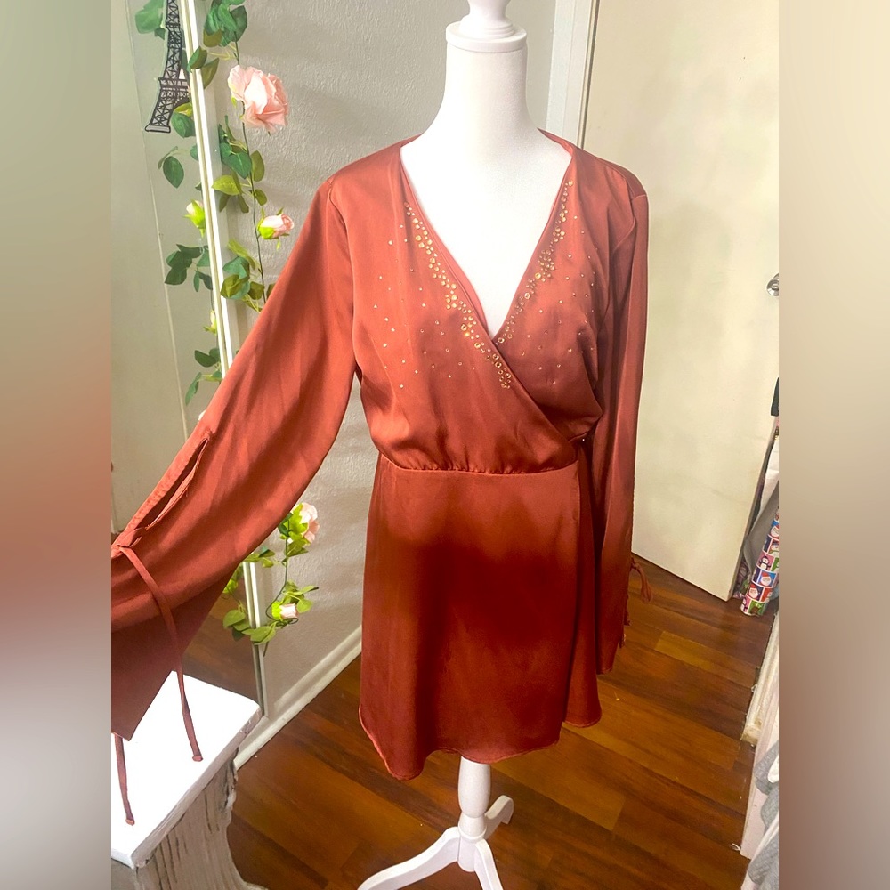 Tan orange Silk wrap dress with jewels!! 💎